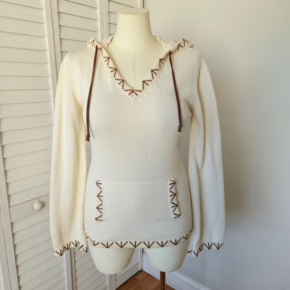 Prana Breathe Cream Organic Cotton Hooded Sweater Size L Boho Western Artisan